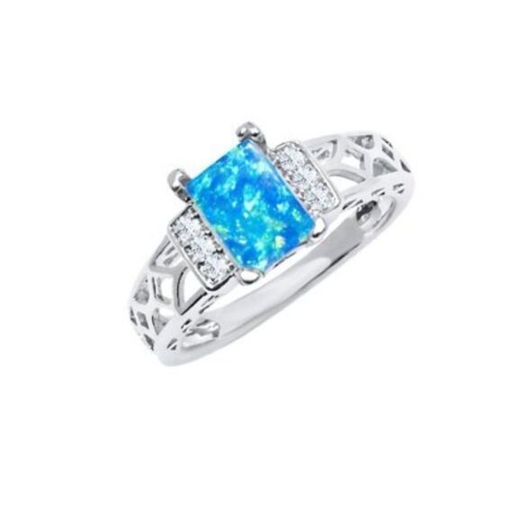 blue opal emerald cut ring - Picture 2 of 6